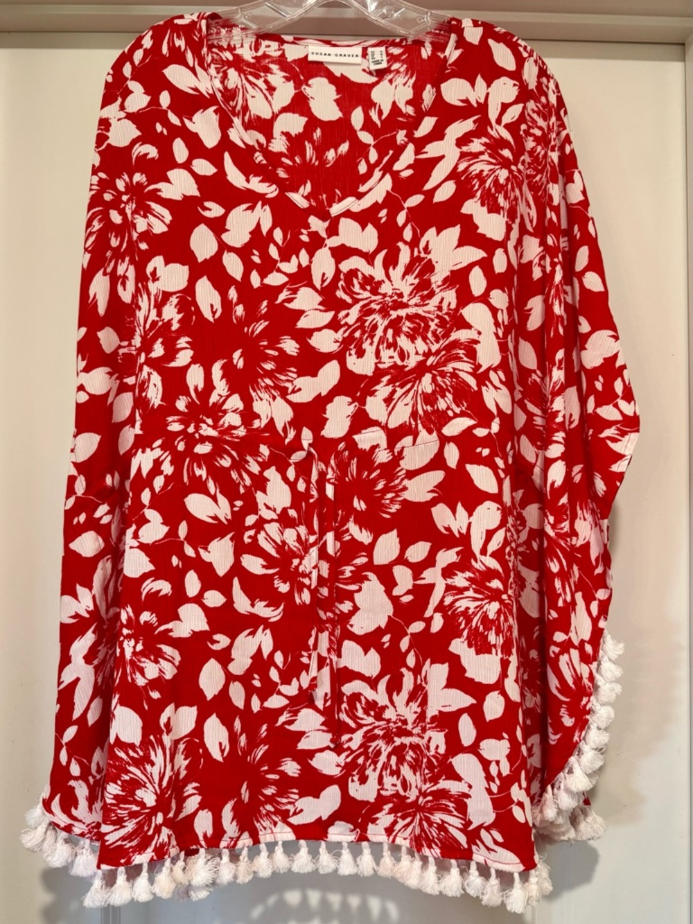 Susan Graver Vibrant Red & White Floral Swim Coverup with Pom Pom Detail Size M